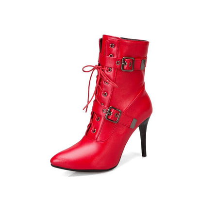 Pointed Toe Buckle Lace Up Women's High Heel Short Boots