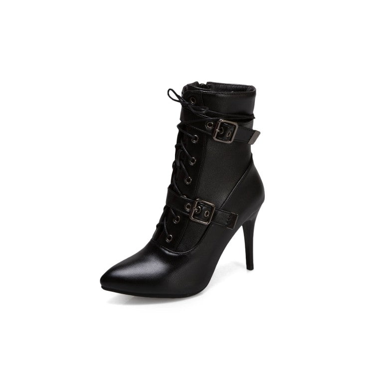 Pointed Toe Buckle Lace Up Women's High Heel Short Boots