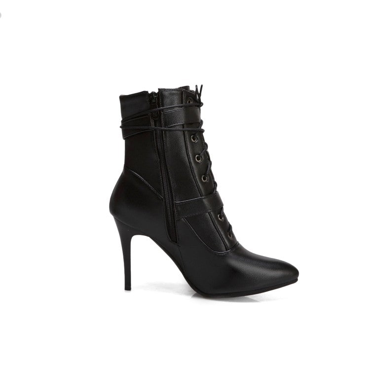 Pointed Toe Buckle Lace Up Women's High Heel Short Boots