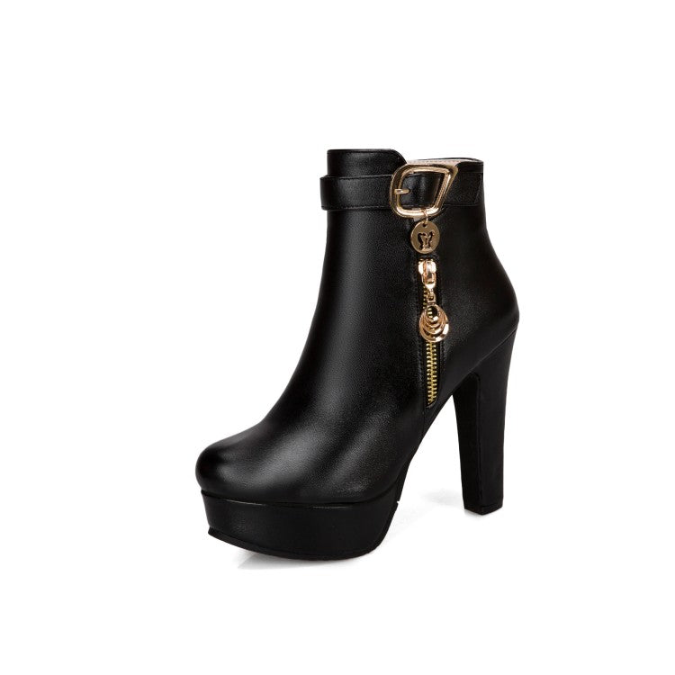 Women's Buckle Zipper Platform High Heel Short Boots