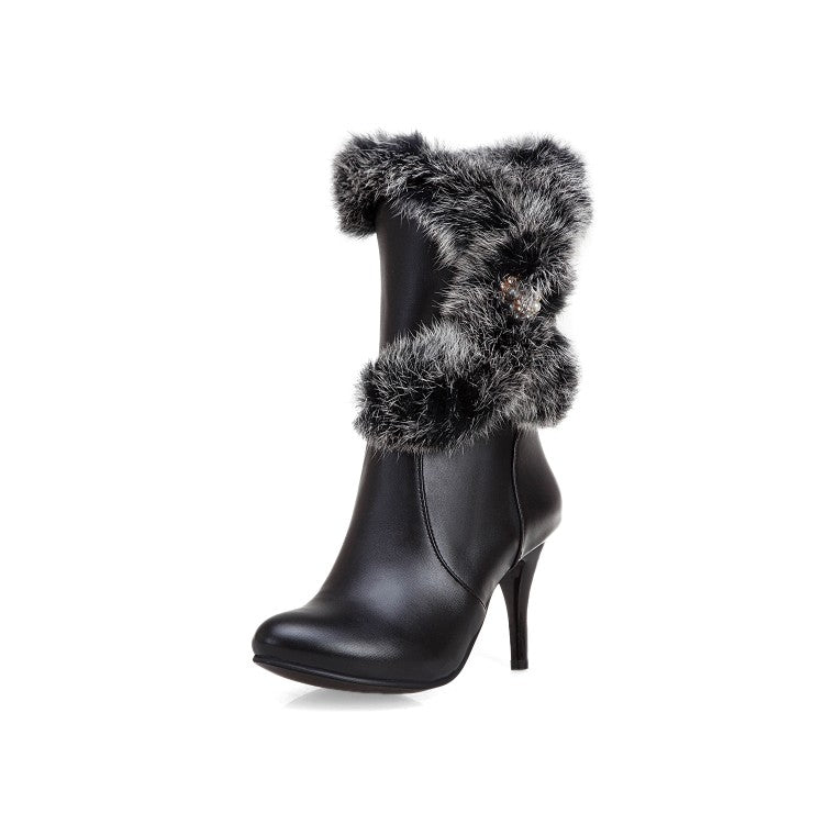 Women's Rabbit Fur High Heel Short Boots