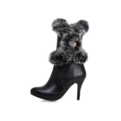 Women's Rabbit Fur High Heel Short Boots