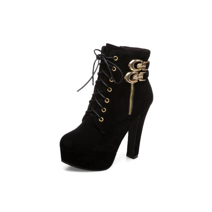 Women's Zip Lace Up Platform High Heel Short Boots