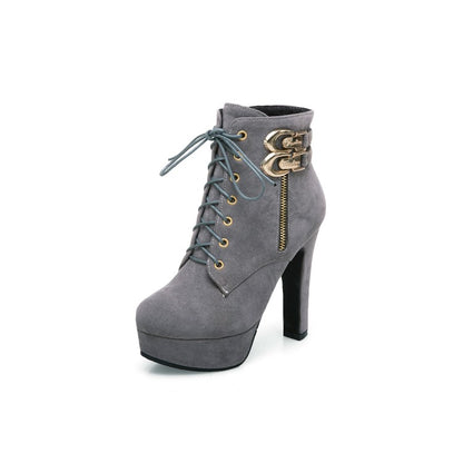 Women's Zip Lace Up Platform High Heel Short Boots