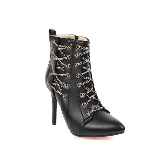 Women's Pointed Toe Chain High Heel Short Boots