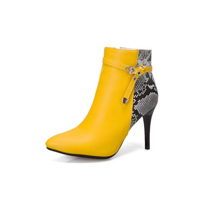 Women's Pointed Toe Snake-print High Heel Short Boots