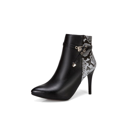 Women's Pointed Toe Snake-print High Heel Short Boots