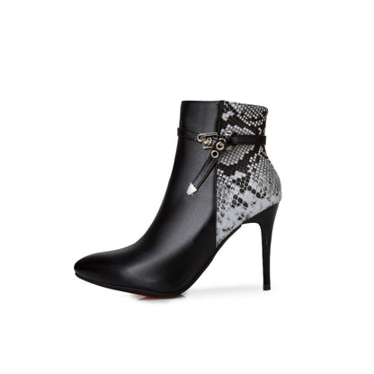 Women's Pointed Toe Snake-print High Heel Short Boots