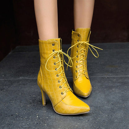 Women's Pointed Toe Lace Up High Heel Short Boots