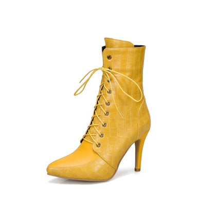 Women's Pointed Toe Lace Up High Heel Short Boots