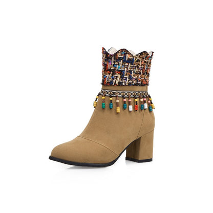 Women's Tassel Chunky High Heel Short Boots