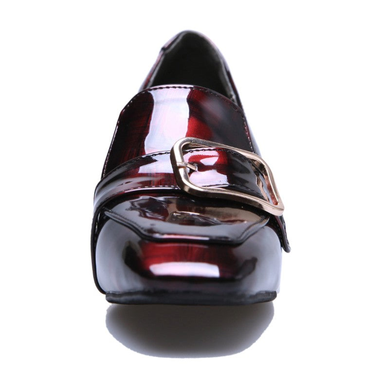 Women's Patent Leather Buckle Chunky Heel Pumps