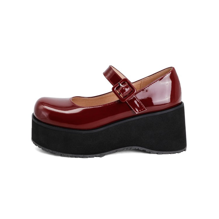 Women's Patent Leather Mary Jane Platform Wedge Heels Shoes