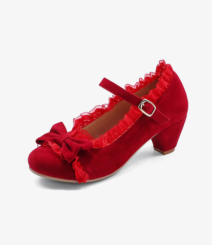 Women's Bowtie Mary Jane Block Heels Pumps