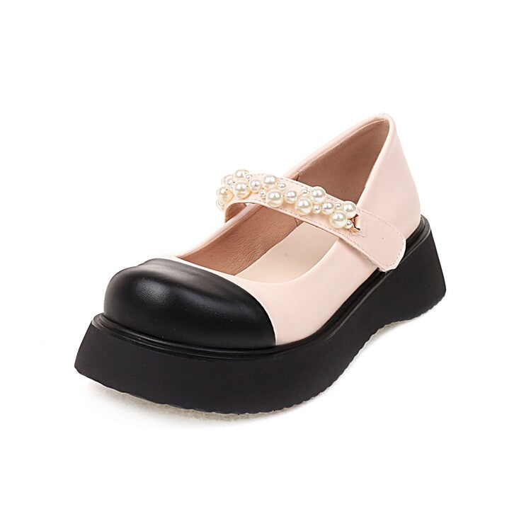 Women's Lolita Color Block Round Toe Pearls Beading Ankle Strap Platform Flats