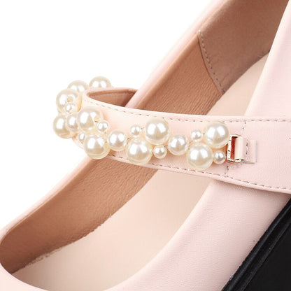 Women's Lolita Color Block Round Toe Pearls Beading Ankle Strap Platform Flats