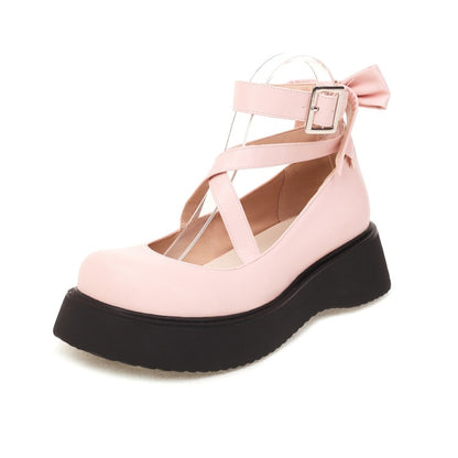 Women's Lolita Solid Color Round Toe Cross Strap Platform Flats