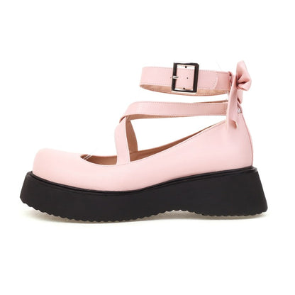 Women's Lolita Solid Color Round Toe Cross Strap Platform Flats