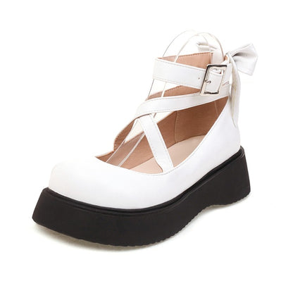 Women's Lolita Solid Color Round Toe Cross Strap Platform Flats