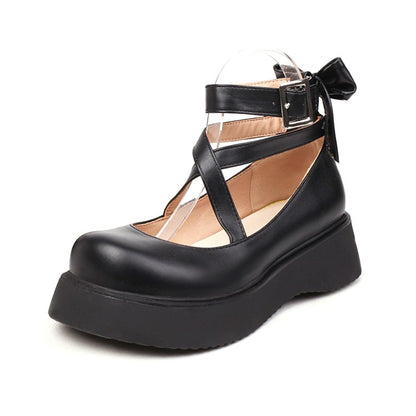 Women's Lolita Solid Color Round Toe Cross Strap Platform Flats