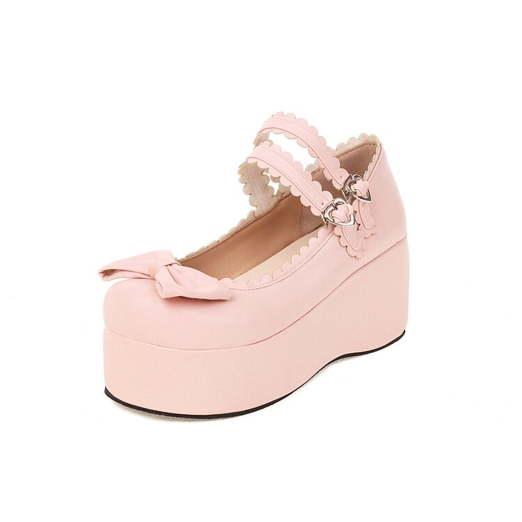 Women's Butterfly Knot Round Toe Double Ankle Strap Platform Flats