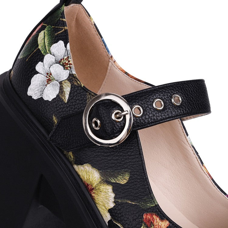 Women's Flower Printed Mary Jane Platform Block Heels Pumps