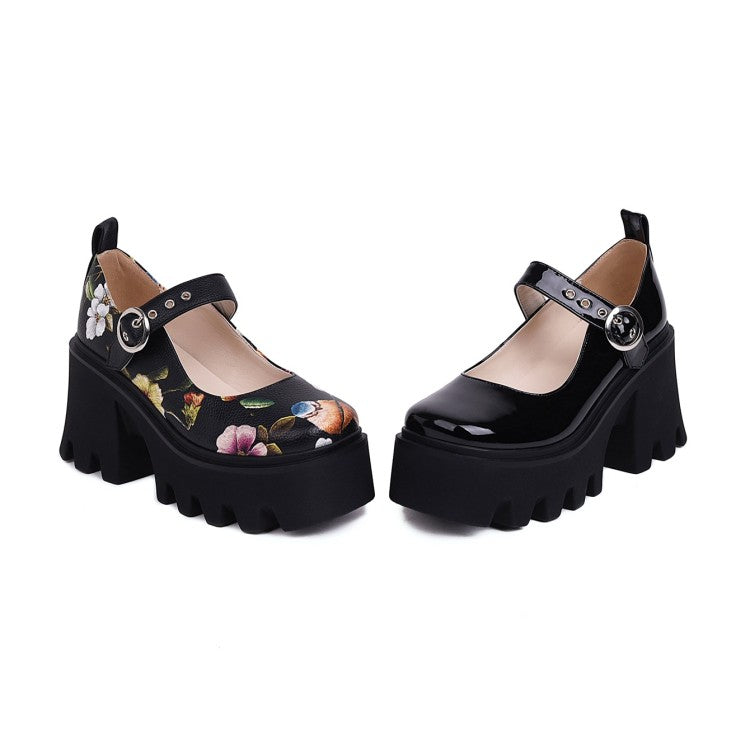 Women's Flower Printed Mary Jane Platform Block Heels Pumps