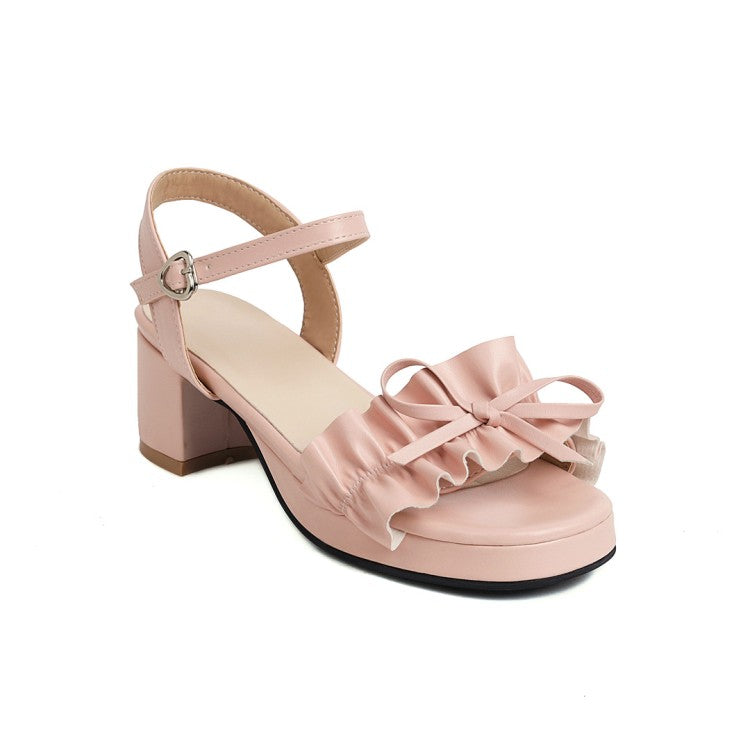 Women's Square Toe Pleated Butterfly Knot Ankle Strap Low Block Heels Platform Sandals