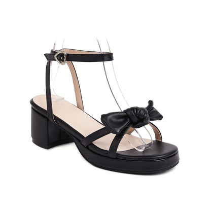 Women's Solid Color Butterfly Knot Low Block Heels Platform Sandals