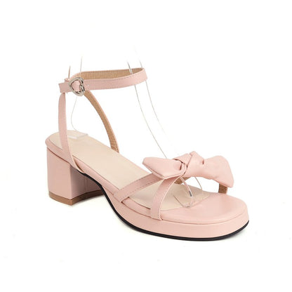 Women's Solid Color Butterfly Knot Low Block Heels Platform Sandals