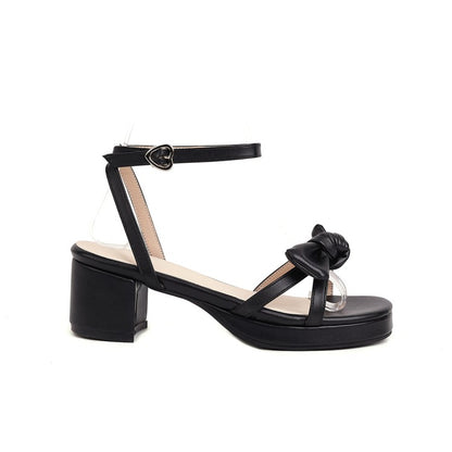 Women's Solid Color Butterfly Knot Low Block Heels Platform Sandals