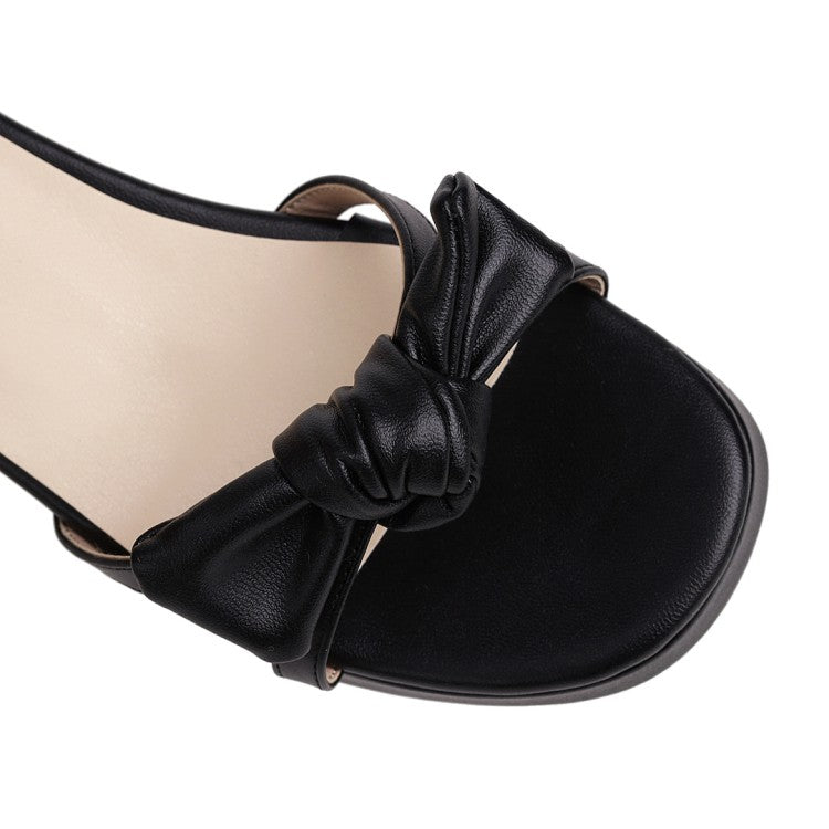 Women's Solid Color Butterfly Knot Low Block Heels Platform Sandals