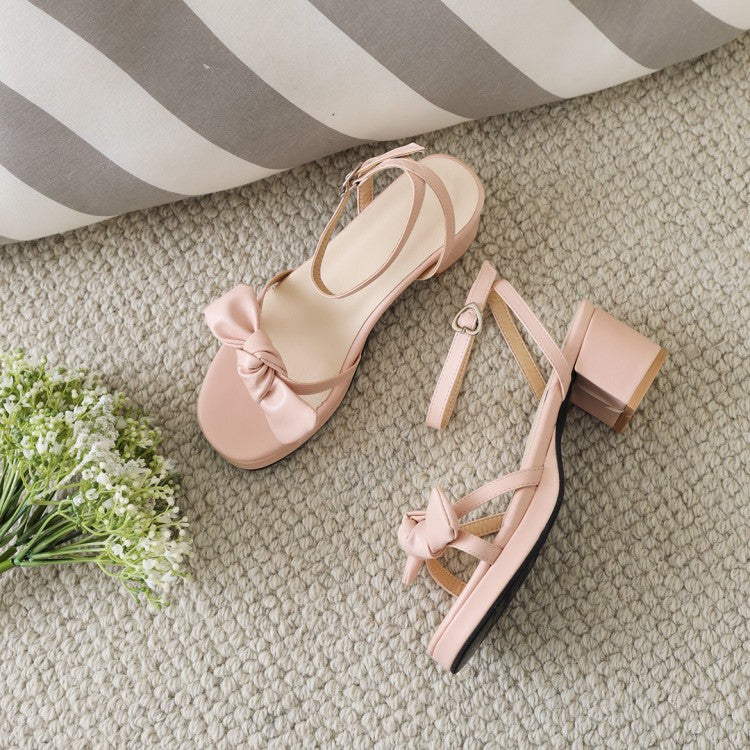 Women's Solid Color Butterfly Knot Low Block Heels Platform Sandals