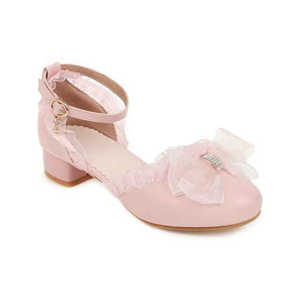 Women's Lolita Round Toe Lace Butterfly Knot Hollow Out Low Block Heels Sandals