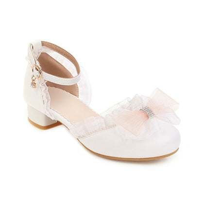 Women's Lolita Round Toe Lace Butterfly Knot Hollow Out Low Block Heels Sandals