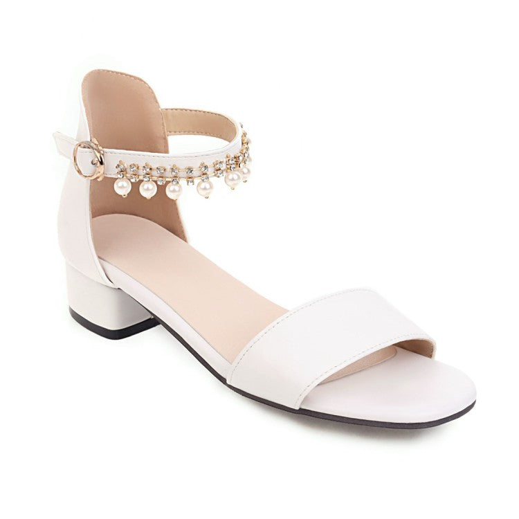 Women's Solid Color Ankle Strap Pearls Hollow Out Block Heel Low Heels Sandals