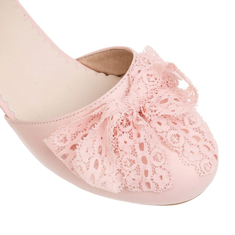 Women's Solid Color Round Toe Lace Butterfly Knot Ankle Strap Block Heel Low Heels Sandals