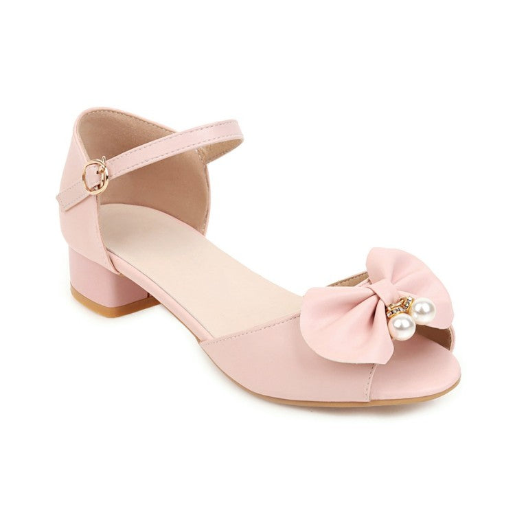 Women's Peep Toe Butterfly Knot Pearls Hollow Out Ankle Strap Block Heel Low Heels Sandals