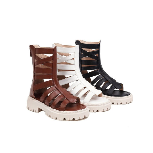 Women's Solid Color Hollow Out Low Block Heels Gladiator Sandals