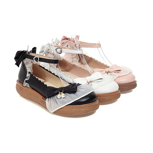 Women's Lolita Round Toe Lace Butterfly Knot Ankle Strap Flat Shoes