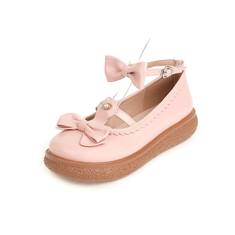 Women's Lolita Round Toe Ankle Strap Butterfly Knot Bowtie Flat Shoes