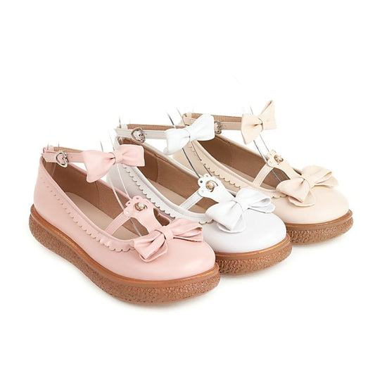 Women's Lolita Round Toe Ankle Strap Butterfly Knot Bowtie Flat Shoes