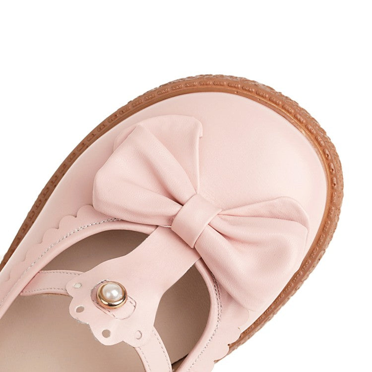 Women's Lolita Round Toe Ankle Strap Butterfly Knot Bowtie Flat Shoes