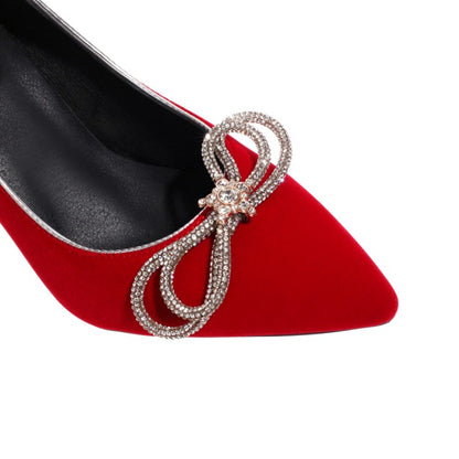 Women's Pumps Suede Pointed Toe Rhinestone Butterfly Knot Chunky Heel Wedding Shoes