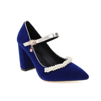 Women's Pumps Pointed Toe Pearls Beading Ankle Strap Chunky Heel Wedding Shoes