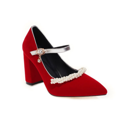 Women's Pumps Pointed Toe Pearls Beading Ankle Strap Chunky Heel Wedding Shoes