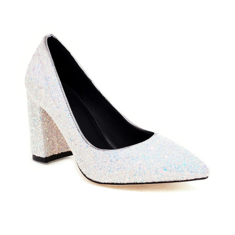 Women's Pumps Bling Bling Sequins Pointed Toe Chunky Heel Wedding Shoes