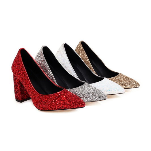 Women's Pumps Bling Bling Sequins Pointed Toe Chunky Heel Wedding Shoes