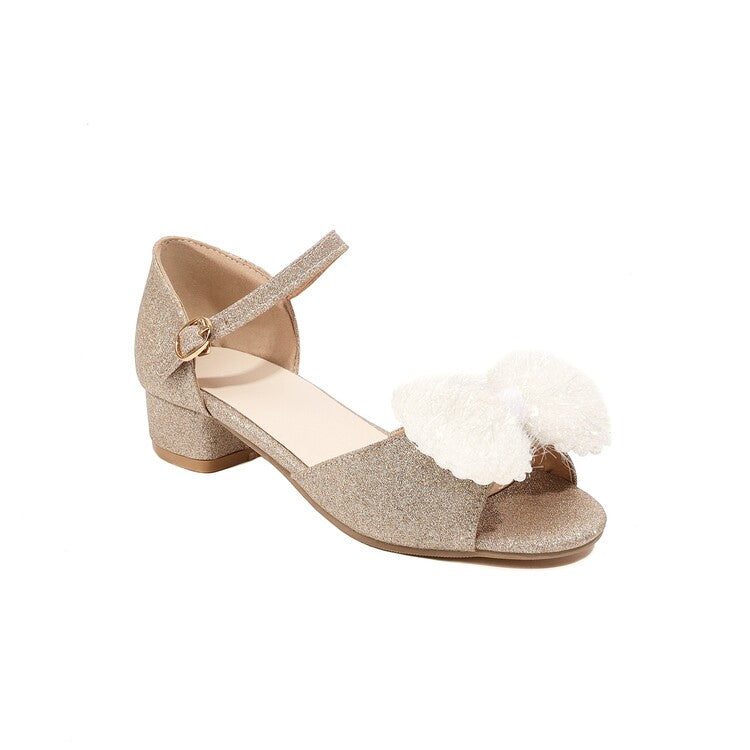 Women's Bling Bling Solid Color Fur Butterfly Knot Hollow Out Ankle Strap Block Heel Sandals