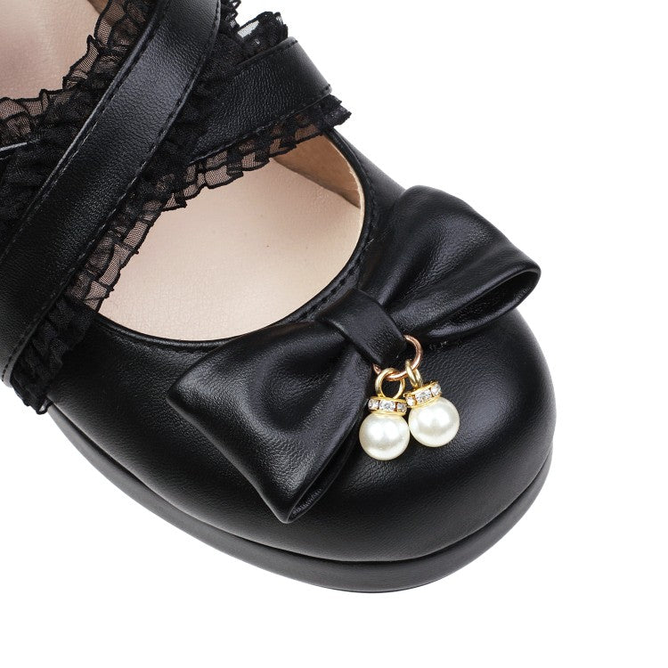Women's Pumps Lolita Solid Color Round Toe Butterfly Knot Cross Lace Block Heel Shoes